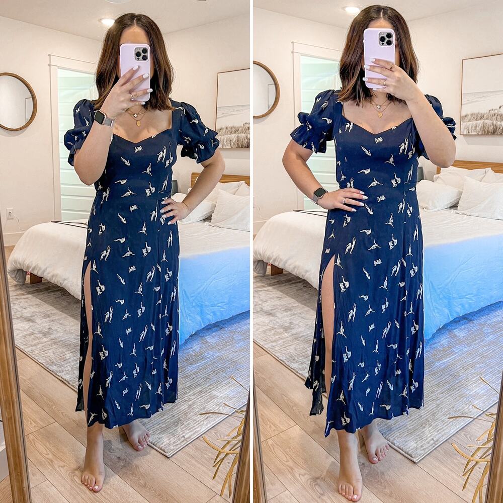 NWT Reformation Dulcie Puff Sleeve Slit Midi Dress Navy Blue Nudist Print US 6